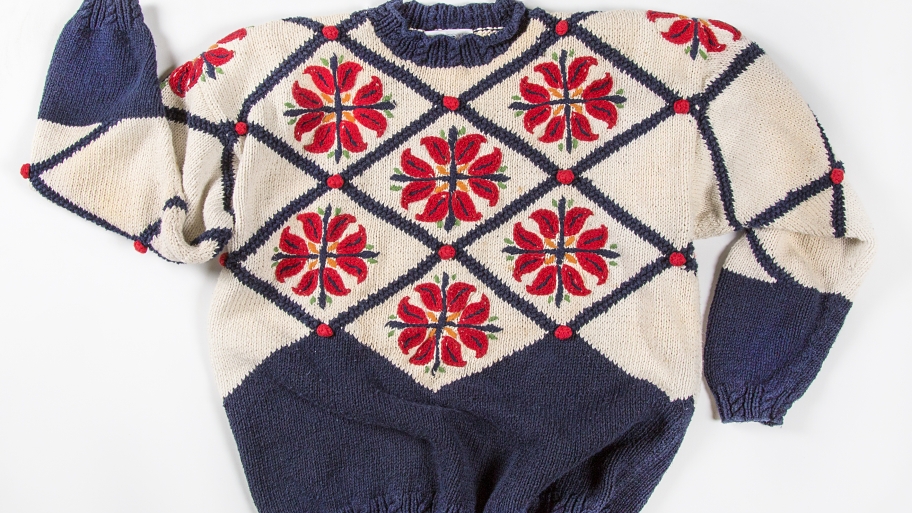 blue and white sweater with poinsettias print